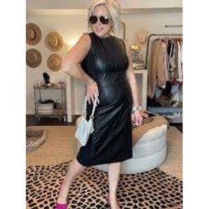Spanx faux leather sheath dress size L black sleeveless midi $228